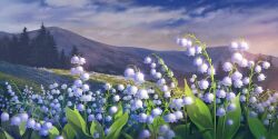 Rule 34 | cloud, cloudy sky, day, flower, forest, highres, kosian, leaf, lily of the valley, meadow, mountainous horizon, nature, no humans, non-web source, official art, scenery, second-party source, sky, touhou, touhou lostword, tree, white flower