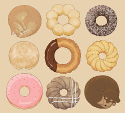 Rule 34 | absurdres, animal, avogado6, brown background, brown fur, cat, chocolate doughnut, closed eyes, commentary, curled up, dog, doughnut, food, food focus, french cruller, highres, icing, no humans, old-fashioned doughnut, original, pon de ring, sleeping, sprinkles, tail