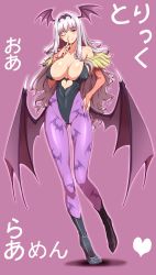 Rule 34 | 1girl, animal print, bare shoulders, bat print, bat wings, blush, breasts, bridal gauntlets, capcom, clearite, cleavage, cosplay, covered erect nipples, elbow gloves, finger to mouth, fingernails, gloves, hairband, halloween, hand on own hip, head wings, highres, idolmaster, idolmaster (classic), large breasts, leotard, long fingernails, long hair, morrigan aensland, morrigan aensland (cosplay), one eye closed, pantyhose, print pantyhose, purple background, red eyes, shijou takane, smile, solo, trick or treat, vampire (game), very long hair, white hair, wings, wink