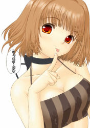 Rule 34 | 1girl, :p, bare shoulders, breasts, brown hair, cleavage, crop top, figo, finger to mouth, head tilt, large breasts, original, red eyes, short hair, simple background, solo, tongue, tongue out, upper body, white background
