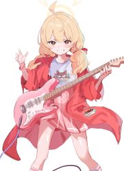 Rule 34 | 1girl, absurdres, blonde hair, blue archive, blush, brown eyes, clenched teeth, electric guitar, feet out of frame, ggab0621, guitar, hair ribbon, highres, holding, holding instrument, instrument, jacket, long hair, looking at viewer, official alternate costume, open clothes, open jacket, pink skirt, pleated skirt, red jacket, red ribbon, ribbon, shirt, simple background, skirt, solo, teeth, tress ribbon, white background, white shirt, yoshimi (blue archive)