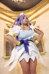 Rule 34 | 1girl, ankle boots, asian, blue eyes, blue hair, boots, bow, bracelet, breasts, choker, chouzuki maryou, cosplay, cure diamond (cosplay), dokidoki! precure, dress, hands on own hips, headpiece, highres, jewelry, large breasts, long hair, magical girl, matching hair/eyes, photo (medium), plump, ponytail, precure, puffy short sleeves, puffy sleeves, ribbon, short sleeves, solo, tiara
