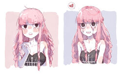 Rule 34 | 1girl, artist request, bare arms, bare shoulders, black dress, black eyes, blush, breasts, broken heart, cleavage, dress, drill hair, eyes visible through hair, heart, highres, large breasts, legs together, long hair, looking to the side, multiple views, one piece, open mouth, perona, pink hair, sad, shiny skin, shoulder tattoo, sitting, sweat, tattoo, tears, very long hair