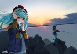 Rule 34 | 2girls, alternate costume, aqua hair, bad id, bad twitter id, blue hair, bow, cloud, commentary request, contemporary, covered mouth, eating, eyewear lift, eyewear on head, fishing, fishing rod, food, from behind, full body, gotou (nekocat), gradient sky, green eyes, green hat, grey-framed eyewear, hair bobbles, hair bow, hair ornament, hand up, hat, holding, holding fishing rod, holding food, horizon, jacket, kagiyama hina, kawashiro nitori, long hair, looking at viewer, multiple girls, onigiri, open clothes, open jacket, outdoors, pocket, red bow, rock, scenery, sky, standing, sun, sunrise, touhou, uneven eyes, upper body, water