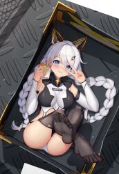 Rule 34 | 1girl, :d, animal ears, black thighhighs, blue eyes, blush, box, braid, breasts, burger, cat ears, diamond plate, fake animal ears, feet, food, from above, full body, grin, highres, holding, holding food, homu (honkai impact), honkai (series), honkai impact 3rd, in box, in container, kiana kaslana, kiana kaslana (knight moonbeam), large breasts, legs, leotard, long hair, looking at viewer, loot box, lrh0123, nail polish, no shoes, open mouth, pink nails, smile, soles, solo, spread toes, teeth, thighhighs, toes, torn clothes, torn thighhighs, transparent background, twin braids, v, white hair, white leotard, white sleeves