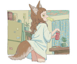 Rule 34 | 1girl, animal ear fluff, animal ears, blush, bolero (bo le ro66), book, border, brown hair, can, curtains, drink can, electric plug, electrical outlet, fang, food, food in mouth, grey border, highres, holding, holding can, indoors, jar, long hair, magnet, mole, mole on ass, mole under eye, mouth hold, no pants, original, plant, popsicle, popsicle in mouth, potted plant, refrigerator, shirt, sketch, soda, soda can, solo, t-shirt, table, tail, white shirt, yellow eyes