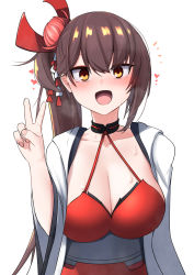 Rule 34 | 1girl, :d, akaoni (zumt3548), azur lane, blush, breasts, brown eyes, brown hair, cleavage, collarbone, commentary request, criss-cross halter, dress, eyeliner, hair between eyes, hair ornament, halterneck, heart, highres, japanese clothes, kanzashi, kimono, large breasts, long hair, looking at viewer, makeup, notice lines, open clothes, open kimono, open mouth, ponytail, psd available, red dress, side ponytail, sidelocks, simple background, sleeveless, sleeveless dress, smile, solo, standing, sweat, underbust, upper body, v, very long hair, white background, white kimono, wide sleeves, zuikaku (azur lane)