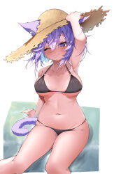 Rule 34 | 1girl, ;), absurdres, animal ear fluff, animal ears, arm up, armpits, bikini, black bikini, blush, breasts, breasts apart, brown hat, cat ears, cat girl, cat tail, closed mouth, collarbone, ears through headwear, hand on headwear, hat, highres, hololive, large breasts, looking at viewer, navel, nekomata okayu, one eye closed, purple eyes, purple hair, reine (reineko6), short hair, simple background, sitting, smile, solo, straw hat, swimsuit, tail, virtual youtuber, white background