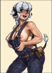 Rule 34 | 1girl, :d, animal ears, bell, belt, blue overalls, blush, braid, braided ponytail, breasts, brown belt, brown horns, cleavage, commentary, cow ears, cow girl, cow horns, cow tail, cowboy shot, english commentary, hair between eyes, highres, horns, jingle bell, large breasts, long hair, looking at viewer, medium bangs, nandi (puchirisu), nearly naked overalls, neck bell, nipples, open mouth, original, overalls, pouch, puchirisu, simple background, smile, solo, tail, tan, tanline, teeth, yellow background
