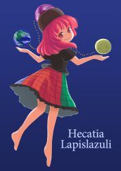 Rule 34 | 1girl, :&gt;, bare arms, bare legs, barefoot, black shirt, blue background, blue skirt, character name, closed mouth, earth (ornament), eyebrows, from behind, gradient background, green skirt, hat, head tilt, hecatia lapislazuli, highres, itatatata, legs apart, long hair, looking at viewer, looking back, moon (ornament), multicolored clothes, multicolored skirt, no lineart, outstretched arms, plaid, plaid skirt, red skirt, shaft look, shirt, skirt, smile, solo, t-shirt, tareme, text focus, touhou