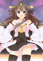 Rule 34 | 10s, 1girl, :d, ahoge, bad id, bad pixiv id, blue eyes, boots, brown hair, detached sleeves, frilled skirt, frills, hairband, hands on own hips, japanese clothes, kantai collection, kongou (kancolle), looking at viewer, machinery, nontraditional miko, open mouth, personification, ribbon-trimmed sleeves, ribbon trim, sasakura, skirt, smile, solo, thigh boots, thighhighs, turret, wide sleeves