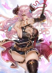 Rule 34 | 1girl, belt, blue eyes, braid, breasts, draph, granblue fantasy, hair ornament, hair over one eye, highres, horns, large breasts, long hair, looking at viewer, magion02, narmaya (granblue fantasy), open mouth, pointy ears, running, single braid, single thighhigh, solo, thighhighs