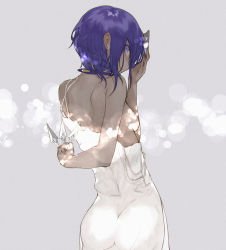 Rule 34 | 1girl, absurdres, ass, bare shoulders, breasts, dark skin, dark-skinned female, dress, fate/prototype, fate/prototype: fragments of blue and silver, fate (series), fifuth, flower, hairband, hassan of serenity (fate), highres, knife, looking at viewer, looking back, mask, purple eyes, purple hair, short hair, sideboob, skull, sleeveless, sleeveless dress, small breasts, solo, standing, strap slip, sundress, white dress