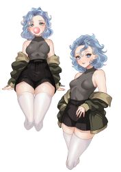 Rule 34 | 1girl, absurdres, arm support, bare shoulders, black skirt, blue eyes, blue hair, breasts, blowing bubbles, chewing gum, cropped legs, curly hair, green jacket, hair ornament, hairclip, highres, honkai (series), honkai impact 3rd, invisible chair, jacket, lieserl albert einstein, looking at viewer, medium hair, multiple views, off shoulder, open mouth, sitting, skirt, small breasts, thighhighs, user nycx4783, white thighhighs