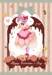 Rule 34 | 1girl, bat wings, blue hair, border, bow, chocolate, closed eyes, cookie, dated, dress, embellished costume, flower, food, footwear ribbon, frilled dress, frills, hand on own face, happy valentine, hat, hat ribbon, heart, heart print, highres, lace, lace border, long sleeves, melting, mob cap, ornate border, pantyhose, parted lips, patterned legwear, print pantyhose, purple pantyhose, remilia scarlet, ribbon, satomachi, short hair, skirt hold, solo, spoken heart, striped, striped background, touhou, vertical stripes, wings