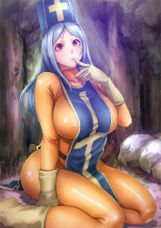 Rule 34 | 1girl, blue hair, blush, bodysuit, boots, breasts, chunsoft, covered erect nipples, dragon quest, dragon quest iii, enix, finger to mouth, gloves, hat, large breasts, long hair, mitre, priest (dq3), red eyes, sgk, sideboob, sitting, solo, square enix, wariza