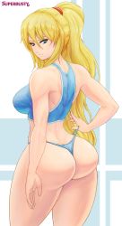 Rule 34 | 1girl, artist name, ass, bare shoulders, blonde hair, blue eyes, breasts, butt crack, highres, huge ass, large breasts, long hair, metroid, nintendo, panties, panty pull, ponytail, samus aran, solo, superbusty, thick thighs, thighs, thong, underwear