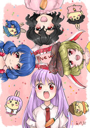 Rule 34 | 2023, 4girls, :d, absurdres, animal ears, black hair, blonde hair, blue hair, blush, brown headwear, cabbie hat, carrot necklace, carrot pin, chibi, chinese zodiac, collared shirt, commentary request, confetti, floppy ears, happy new year, hat, highres, inaba tewi, jewelry, kanonari, long hair, looking at viewer, multiple girls, necklace, necktie, new year, open mouth, pink background, pink shirt, purple hair, rabbit ears, rabbit girl, red eyes, red necktie, reisen udongein inaba, ringo (touhou), seiran (touhou), shirt, short hair, short sleeves, smile, touhou, upper body, wavy hair, white shirt, year of the rabbit, yellow shirt