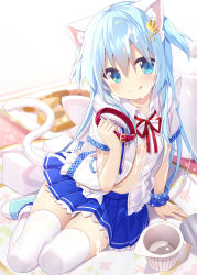 Rule 34 | 1girl, :q, animal ear fluff, animal ears, blue eyes, blue footwear, blue hair, blue scrunchie, blue skirt, blurry, cat ears, closed mouth, collar, collarbone, cookie, cream, cream on body, cream on face, cup, depth of field, dress shirt, female focus, food, food on face, hair between eyes, hair ornament, hand up, highres, holding, jacket, long hair, looking at viewer, miniskirt, navel, neck ribbon, no bra, open clothes, open shirt, original, pleated skirt, red ribbon, ribbon, scrunchie, shirt, shoes, sidelocks, sitting, skirt, smile, solo, stomach, suggestive fluid, thighhighs, tongue, tongue out, white jacket, white shirt, white thighhighs, wrist scrunchie, yano mitsuki (nanairo), yokozuwari, zettai ryouiki, zipper
