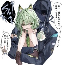 Rule 34 | 1girl, 1other, aged down, ambiguous gender, amiya (arknights), animal ear fluff, animal ears, arknights, black coat, brown hair, carrying, carrying person, cat ears, cat girl, coat, commentary request, doctor (arknights), dress, green dress, green eyes, highres, holding, hood, hood up, hooded coat, kal&#039;tsit (arknights), mask, na tarapisu153, off-shoulder dress, off-shoulder jacket, off shoulder, rabbit ears, rabbit girl, simple background, translation request, watch, white background, wristwatch
