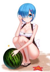 Rule 34 | 10s, 1girl, adapted costume, adjusting hair, ango, ankkoyom, artist name, bad id, bad pixiv id, bare legs, black dress, black one-piece swimsuit, blue eyes, blue hair, blunt bangs, bow, breasts, cleavage, closed mouth, collarbone, dress, food, fruit, full body, hair ornament, hair over one eye, hairclip, highres, legs together, looking at viewer, maid, maid one-piece swimsuit, matching hair/eyes, medium breasts, no legwear, no socks, one-piece swimsuit, re:zero kara hajimeru isekai seikatsu, rem (re:zero), ribbon trim, sandals, short hair, simple background, sleeveless, sleeveless dress, smile, solo, squatting, starfish, swimsuit, unconventional maid, watermelon, white background, white bow, x hair ornament