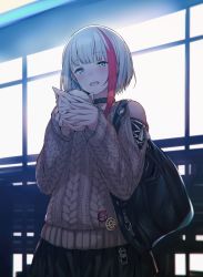 Rule 34 | 1girl, :d, admiral graf spee (azur lane), admiral graf spee (peaceful daily life) (azur lane), alternate costume, aran sweater, azur lane, bag, black skirt, blue eyes, blunt bangs, blush, breasts, cable knit, casual, clothing cutout, food, highres, holding, holding food, light, looking at viewer, multicolored hair, night, open mouth, outdoors, red hair, short hair, shoulder cutout, sidelocks, silver hair, skirt, sleeves past wrists, small breasts, smile, solo, streaked hair, sweater, tobimura, white sweater