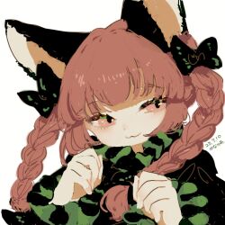 Rule 34 | 1girl, :3, animal ear fluff, animal ears, black bow, bow, braid, canariadraw, cat ears, closed mouth, commentary, dated, dress, frills, green dress, hair bow, hands up, highres, juliet sleeves, kaenbyou rin, light blush, long hair, long sleeves, looking to the side, paw pose, pink eyes, puffy sleeves, red hair, sidelocks, simple background, solo, touhou, translation request, twin braids, upper body, white background