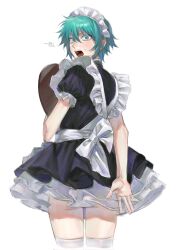 Rule 34 | 1boy, :o, alternate costume, apron, black dress, character request, copyright request, crossdressing, dress, enmaided, from behind, green eyes, green hair, highres, holding, holding tray, looking at viewer, looking back, maid, maid apron, maid headdress, male focus, nsr (pgl 0401), puffy short sleeves, puffy sleeves, short dress, short hair, short sleeves, solo, teeth, thighhighs, tray, upper teeth only, white dress, white thighhighs