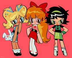 Rule 34 | 3girls, :d, arm at side, bandaid, bandaid on leg, belt, belt buckle, bike shorts, black belt, black footwear, black hair, blonde hair, blossom (ppg), blue dress, blue eyes, blue ribbon, blush, bobby socks, bow, bubbles (ppg), buckle, buttercup (ppg), closed mouth, collared shirt, commentary, contrapposto, covering own mouth, d:, dark-skinned female, dark skin, dress, english commentary, frilled legwear, from side, full body, green eyes, green hairband, hair bow, hair ornament, hair ribbon, hairband, hairclip, half-closed eye, half updo, hand on own hip, hand over own mouth, hand up, hands on own hips, heart, heart print, highres, large bow, leaning forward, legs apart, legs together, long hair, looking at viewer, looking to the side, mary janes, miniskirt, multiple girls, neck ribbon, no nose, open mouth, orange hair, pantyhose, pink eyes, pink shirt, poppy (p0ply), powerpuff girls, red background, red bow, red ribbon, red skirt, ribbon, shirt, shirt tucked in, shoes, short dress, short sleeves, siblings, side-by-side, signature, simple background, sisters, skirt, sleeveless, sleeveless dress, smile, socks, standing, star (symbol), star print, straight-on, swept bangs, toon (style), tsurime, twintails, very long hair, white footwear, white pantyhose, white socks, wing collar, wristband