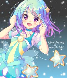 Rule 34 | 10s, 1girl, :d, aikatsu! (series), aikatsu friends!, artist name, blue choker, blue eyes, blue skirt, blush, character name, choker, commentary request, cosplay, cure milky, cure milky (cosplay), gradient hair, hair ornament, highres, look-alike, looking at viewer, magical girl, minato mio, multicolored hair, open mouth, precure, purple eyes, purple hair, short hair, skirt, smile, solo, star (symbol), star hair ornament, star twinkle precure, yupo (yupo4069)