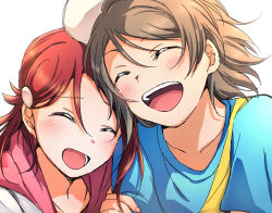 Rule 34 | 2girls, :d, ^ ^, blue shirt, blush, closed eyes, closed eyes, grey hair, hair between eyes, hair ornament, hairclip, half updo, hand on another&#039;s arm, hat, head on another&#039;s shoulder, highres, long hair, love live!, love live! sunshine!!, multiple girls, open mouth, red hair, sakurauchi riko, shirt, short hair, simple background, smile, upper body, watanabe you, white background, yuchi (salmon-1000), yuri