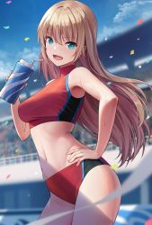 Rule 34 | 1girl, :d, blonde hair, blue eyes, blue sky, blurry, blurry background, bra, breasts, buruma, contrapposto, day, drinking straw, floating hair, hair between eyes, hair intakes, hand on own hip, highres, holding, long hair, medium breasts, navel, open mouth, original, outdoors, red bra, red buruma, sion (9117), sky, smile, solo, sports bra, sportswear, standing, straight hair, underwear, very long hair