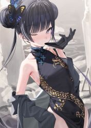 Rule 34 | 1girl, bare shoulders, black dress, black gloves, black hair, blue archive, blush, braid, braided bun, breasts, butterfly hair ornament, china dress, chinese clothes, coat, double bun, dragon print, dress, gloves, grey coat, grey eyes, hair bun, hair ornament, half gloves, halo, highres, kanzarin, kisaki (blue archive), long hair, long sleeves, looking at viewer, off shoulder, one eye closed, pelvic curtain, pinstripe pattern, short dress, side slit, small breasts, solo, striped, striped coat, twintails, vertical-striped coat