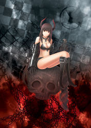 Rule 34 | 10s, 1girl, black gold saw, black rock shooter, boots, breasts, brown hair, chain, cleavage, detached sleeves, front-tie top, highres, horns, king saw, large breasts, long hair, misoshiru, misoshiru (kurisi), red eyes, short shorts, shorts, sitting, skull, solo, sword, very long hair, weapon