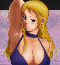 Rule 34 | 1girl, arm behind head, armpits, blonde hair, blue eyes, breasts, cleavage, dress, fatal fury, garou: mark of the wolves, jenet behrn, large breasts, lipstick, long hair, makeup, parted lips, saigado, smile, snk, solo, the king of fighters