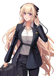 Rule 34 | 1girl, alternate costume, black pants, black suit, blonde hair, collared shirt, commentary, commission, english commentary, formal, g3 (girls&#039; frontline), girls&#039; frontline, hair ornament, highres, holding, holding suitcase, long hair, long sleeves, pant suit, pants, pixiv commission, purple eyes, shirt, silayloe, solo, suit, suitcase, very long hair, white shirt