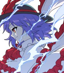 Rule 34 | 1girl, ascot, black hat, bow, closed mouth, commentary request, frilled shawl, frills, from side, hat, hat bow, itani illust, nagae iku, purple hair, red ascot, red bow, red eyes, shawl, short hair, simple background, solo, touhou, upper body, white background
