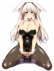 Rule 34 | 1girl, animal ears, areola slip, bare arms, bare shoulders, black footwear, black hairband, black leotard, blue eyes, blush, bow, bowtie, breasts, breasts squeezed together, brown pantyhose, cleavage, detached collar, fake animal ears, fingernails, full body, hair between eyes, hairband, highleg, highleg leotard, highres, huge breasts, interlocked fingers, kneeling, large breasts, leotard, long hair, looking at viewer, mabinogi, nao (mabinogi), pantyhose, parted lips, playboy bunny, rabbit ears, red bow, red bowtie, shadow, shiny skin, shoes, sidelocks, simple background, solo, spread legs, strapless, strapless leotard, thighs, tro (trombe), twintails, v arms, white background, white hair, wrist cuffs