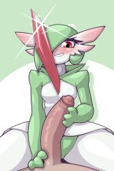 Rule 34 | 1boy, 1girl, blush, breasts, clothed female nude male, colored skin, creatures (company), dress, erection, eyelashes, furry, game freak, gardevoir, gen 3 pokemon, green background, green hair, green skin, hair over one eye, handjob, heart, hetero, highres, interspecies, large penis, limebreaker, looking at viewer, nintendo, no nipples, nude, penis, pokemon, pokemon (creature), pokephilia, pov, red eyes, sitting, small breasts, smile, spread legs, teasing, teeth, white background, white skin