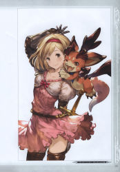 Rule 34 | 10s, 1girl, absurdres, arms up, belt, blonde hair, bob cut, brown eyes, djeeta (granblue fantasy), dress, fighter (granblue fantasy), gauntlets, granblue fantasy, hairband, highres, looking at viewer, minaba hideo, non-web source, official art, pink dress, puffy sleeves, scan, short dress, simple background, sword, thighhighs, thighs, vyrn (granblue fantasy), weapon, zettai ryouiki