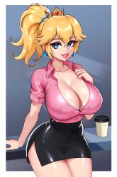 Rule 34 | 1girl, absurdres, alternate costume, arm support, black skirt, blonde hair, blue eyes, breasts, cleavage, coffee cup, collarbone, collared shirt, covered erect nipples, cowboy shot, cup, curvy, darkmoney, disposable cup, earrings, grin, hair between eyes, hand on own chest, high-waist skirt, highres, huge breasts, jewelry, large breasts, leaning on table, lipstick, long hair, looking at viewer, makeup, mario (series), miniskirt, nintendo, no bra, office lady, outside border, partially unbuttoned, pencil skirt, pink shirt, ponytail, princess peach, shiny clothes, shirt, shirt tucked in, short sleeves, side slit, skirt, smile, solo, sphere earrings, super mario bros. 1, thick eyelashes, wide hips