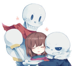 Rule 34 | 2boys, androgynous, armor, black eyes, blush, bone, brothers, brown hair, closed eyes, everina, frisk (undertale), grin, hug, looking at viewer, monster boy, multiple boys, one eye closed, open mouth, papyrus (undertale), red scarf, sans (undertale), scarf, shirt, short hair, shoulder pads, siblings, simple background, skeleton, skull, smile, striped clothes, striped shirt, teeth, undertale, upper body, white background