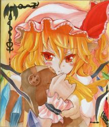 Rule 34 | 1girl, asymmetrical hair, bat (animal), blonde hair, blush stickers, button eyes, buttons, chain, edaman, eyelashes, flandre scarlet, frown, gradient background, hat, hat ribbon, hugging object, laevatein, looking at viewer, marker (medium), millipen (medium), mob cap, red eyes, ribbon, shikishi, short hair, side ponytail, slit pupils, solo, stuffed animal, stuffed toy, touhou, traditional media, wings, wrist cuffs