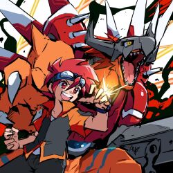 Rule 34 | 1boy, arm cannon, ayo (ayosanri009), black jacket, black pants, claws, colored skin, cyborg, digimon, digimon (creature), dinosaur, fewer digits, goggles, hair between eyes, helmet, horns, jacket, male focus, mechanical arms, open mouth, orange skin, original, pants, red eyes, red hair, rizegreymon, sharp teeth, shirt, single mechanical arm, sketch, spiked hair, teeth, upper body, upper teeth only, weapon, white background, white shirt, yellow eyes