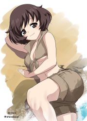 Rule 34 | 10s, 1girl, akiyama yukari, arm behind head, arm support, armpits, breasts, brown background, brown eyes, brown hair, brown shirt, brown shorts, casual, cleavage, closed mouth, commentary request, crop top, dated, front-tie top, girls und panzer, highres, looking at viewer, lying, medium breasts, messy hair, midriff, navel, on side, one-hour drawing challenge, seductive smile, shiina excel, shirt, short hair, short shorts, shorts, sleeveless, sleeveless shirt, smile, solo, twitter username, underboob