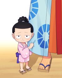 Rule 34 | 2boys, aged down, black eyes, black hair, blush, child, closed mouth, commentary, commentary request, english commentary, father and son, full body, hasami (hasami25), high ponytail, japanese clothes, kimono, kouzuki momonosuke, kouzuki oden, male focus, mixed-language commentary, multiple boys, one piece, outdoors, pink kimono, ponytail, sandals, smile