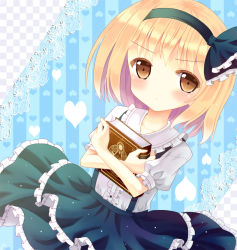 Rule 34 | 1girl, aged down, alice margatroid, alice margatroid (pc-98), blonde hair, blue background, blush, book, hugging book, brown eyes, frilled skirt, frills, grimoire, grimoire of alice, hairband, hazakura satsuki, heart, holding, holding book, hugging object, lace, looking at viewer, puffy sleeves, ribbon, shirt, short hair, short sleeves, simple background, skirt, solo, striped, touhou, white shirt