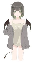 Rule 34 | 1girl, :o, arm at side, bad id, bad twitter id, black wings, blush stickers, brown camisole, brown hair, camisole, commentary request, demon girl, demon tail, demon wings, drawstring, green eyes, green hair, grey jacket, hair ornament, hairclip, highres, holding, hood, hood down, hooded jacket, jacket, long sleeves, mafuyu (chibi21), multicolored hair, no pants, off shoulder, open clothes, open jacket, open mouth, original, simple background, sleeves past fingers, sleeves past wrists, solo, streaked hair, tail, twitter username, two-tone hair, white background, wing hair ornament, wings, x hair ornament