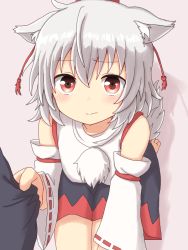 Rule 34 | 1boy, 1girl, animal ears, barefoot, black skirt, blush, closed mouth, commentary request, dadamori, detached sleeves, hat, inubashiri momiji, kneeling, looking at viewer, miniskirt, pom pom (clothes), red eyes, ribbon-trimmed sleeves, ribbon trim, silver hair, skirt, solo focus, tail, tassel, tokin hat, touhou, wolf ears, wolf tail