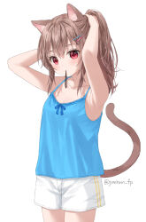 Rule 34 | 1girl, animal ear fluff, animal ears, anz32, arms behind head, arms up, bare arms, bare shoulders, blue camisole, blush, breasts, brown hair, camisole, cat ears, cat girl, cat tail, cleavage, closed mouth, collarbone, commentary, cowboy shot, hair between eyes, hair ornament, hair tie, hair tie in mouth, hairclip, long hair, looking at viewer, mouth hold, nina (anz32), original, ponytail, red eyes, shorts, sidelocks, simple background, small breasts, solo, standing, symbol-only commentary, tail, twitter username, tying hair, white background, white shorts